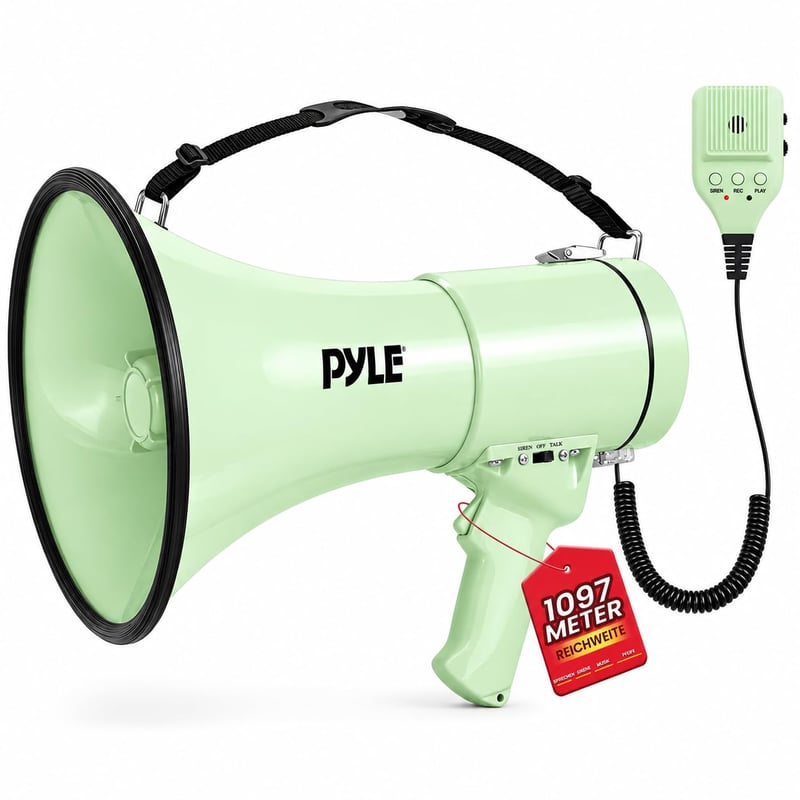 Prenosný megafón Pyle 50 W so sirénou, mikrofónom, AUX vstupom a prehrávaním MP3, ergonomický vonkajší reproduktor