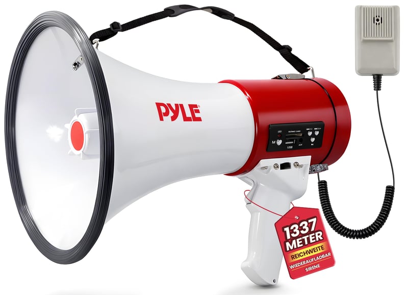 Megafón Pyle 50 W so sirénou, odnímateľným mikrofónom, 3,5 mm AUX vstupom a popruhom na nosenie – prenosný reproduktor na podujatia a šport