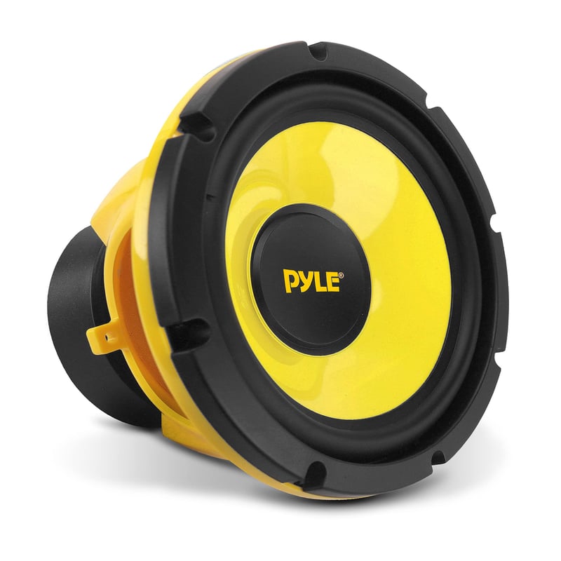 8-palcový (203 mm) subwoofer do auta Pyle – 400 W, 4 Ohm, žltá polypropylénová membrána, hliníková kmitacia cievka, stredobasový komponentný reproduktor pre autorádio systém