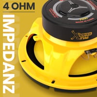 8-palcový (203 mm) subwoofer do auta Pyle – 400 W, 4 Ohm, žltá polypropylénová membrána, hliníková kmitacia cievka, stredobasový komponentný reproduktor pre autorádio systém 4