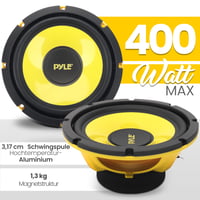8-palcový (203 mm) subwoofer do auta Pyle – 400 W, 4 Ohm, žltá polypropylénová membrána, hliníková kmitacia cievka, stredobasový komponentný reproduktor pre autorádio systém 3