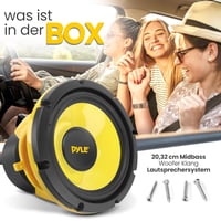 8-palcový (203 mm) subwoofer do auta Pyle – 400 W, 4 Ohm, žltá polypropylénová membrána, hliníková kmitacia cievka, stredobasový komponentný reproduktor pre autorádio systém 2