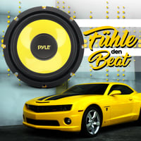 8-palcový (203 mm) subwoofer do auta Pyle – 400 W, 4 Ohm, žltá polypropylénová membrána, hliníková kmitacia cievka, stredobasový komponentný reproduktor pre autorádio systém 7