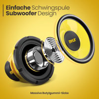 8-palcový (203 mm) subwoofer do auta Pyle – 400 W, 4 Ohm, žltá polypropylénová membrána, hliníková kmitacia cievka, stredobasový komponentný reproduktor pre autorádio systém 5