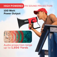 Megafón Pyle Bluetooth 100W – Prenosný PA reproduktor so sirénou, dosah 1500 m, menič hlasu, ovládanie hlasitosti, na šport a podujatia, čierny 2