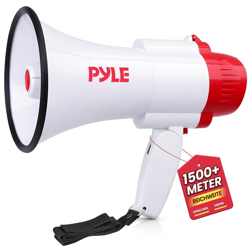 Megafón Pyle 30 W so sirénou a mikrofónom – dosah 730 m, skladací mini reproduktor na hlásenia, futbalové zápasy a podujatia