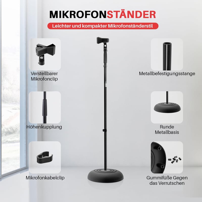 PYLE Mikrofonállvány Állítható Magasságú 85-152cm Fekete Fém Kerek Talpas Stúdió Állvány 2 Darabos Szett