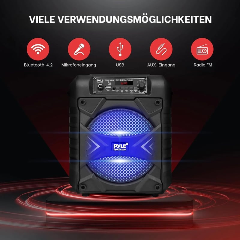 Pyle Party Box Bluetooth Hangszóró - 300W Hordozható PA Rendszer, 8" Mélynyomó, Karaoke Funkció, Parti Fényekkel, MP3/USB, FM Rádió, Újratöl