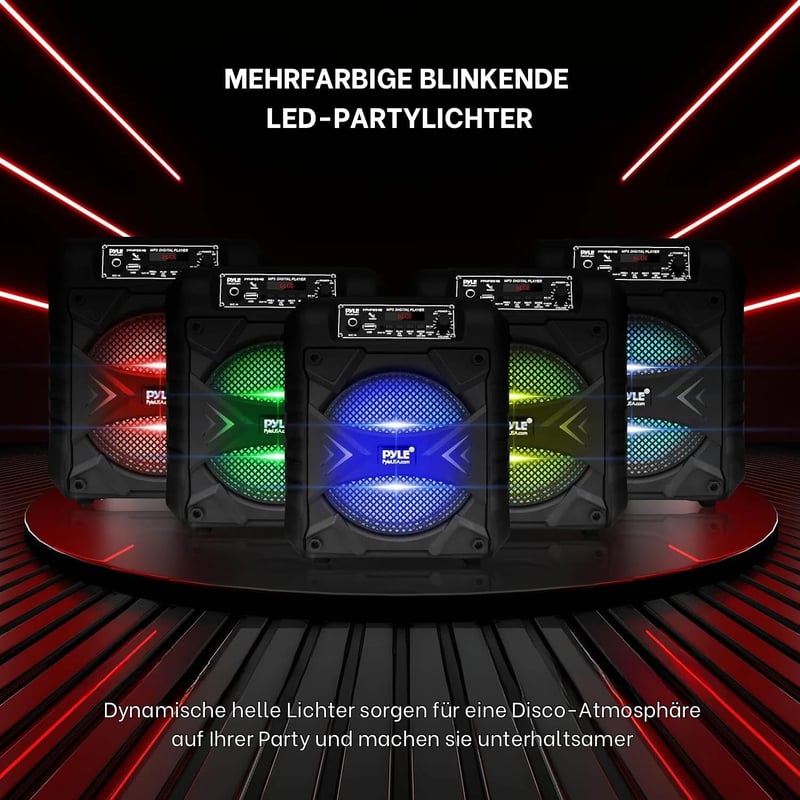 Pyle Party Box Bluetooth Hangszóró - 300W Hordozható PA Rendszer, 8" Mélynyomó, Karaoke Funkció, Parti Fényekkel, MP3/USB, FM Rádió, Újratöl