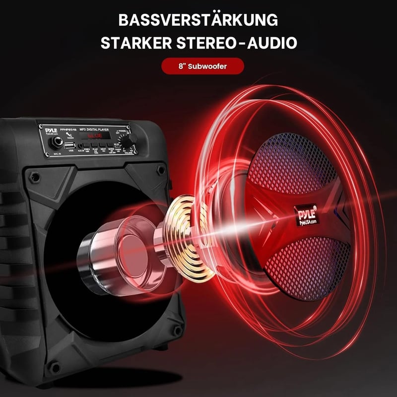 Pyle Party Box Bluetooth Hangszóró - 300W Hordozható PA Rendszer, 8" Mélynyomó, Karaoke Funkció, Parti Fényekkel, MP3/USB, FM Rádió, Újratöl