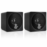 Pár mini regálových reproduktorov Pyle PCB4BK, 4-palcové (10,16 cm) pasívne — na jednom chýba plastová časť pri termináli (stav: pozri 2. obrázok) 1