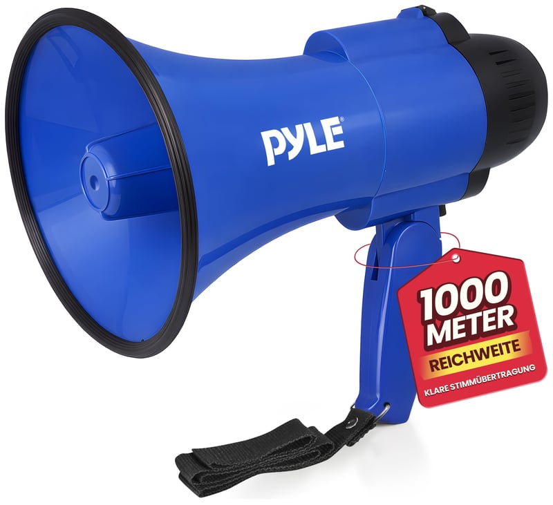 Pyle PMP31BL kompaktný megafón 30W na batérie so sirénou, vstavaným mikrofónom, 2 režimami, sklopnou rukoväťou, modrý