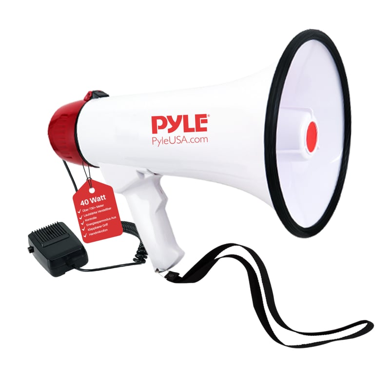 Megafón Pyle PMP40 40 W so sirénou – Skladací ručný reproduktor s policajnou sirénou na športové podujatia, dosah 915 m
