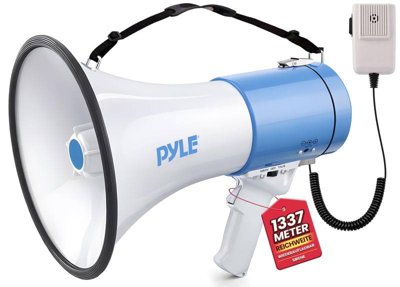 Megafón Pyle PMP50 50 W so sirénou a mikrofónom – Prenosný ručný reproduktor, dosah 200 m, na vonkajšie športové a bezpečnostné účely