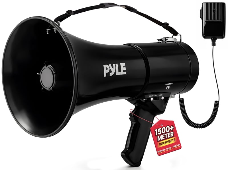 Megafón Pyle PMP53IN s 3,5 mm AUX vstupom, ovládaním hlasitosti, sirénou, prenosný, na vonkajšie aj vnútorné použitie, pre trénerov a na rôzne podujatia