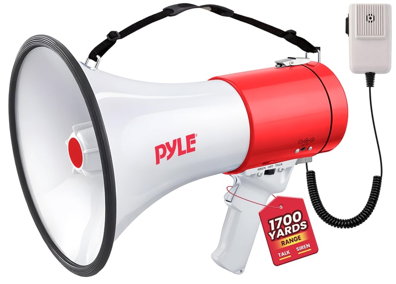 Megafón Pyle PMP561LTB so sirénou a alarmom, 50 W, dosah 1100 m, mikrofón, AUX vstup, nabíjateľná batéria, biely, skladací