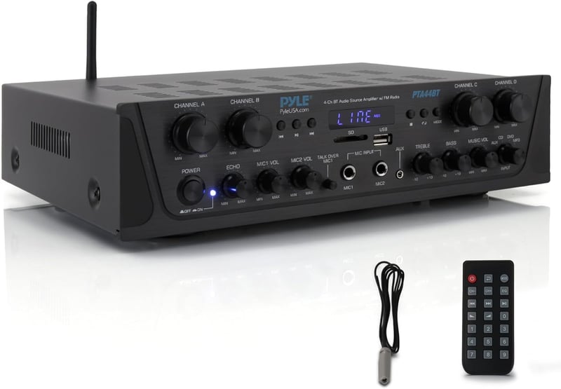 Pyle PTA44BTEU Bluetooth sztereó erősítő 4 csatornás, 500 W, karaoke, FM rádió