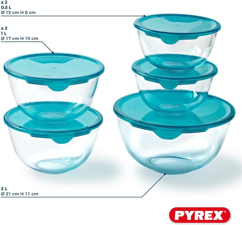 Pyrex 5 részes borosilicate üvegtál szett fedőkkel, mosogatógép és mikró biztos
