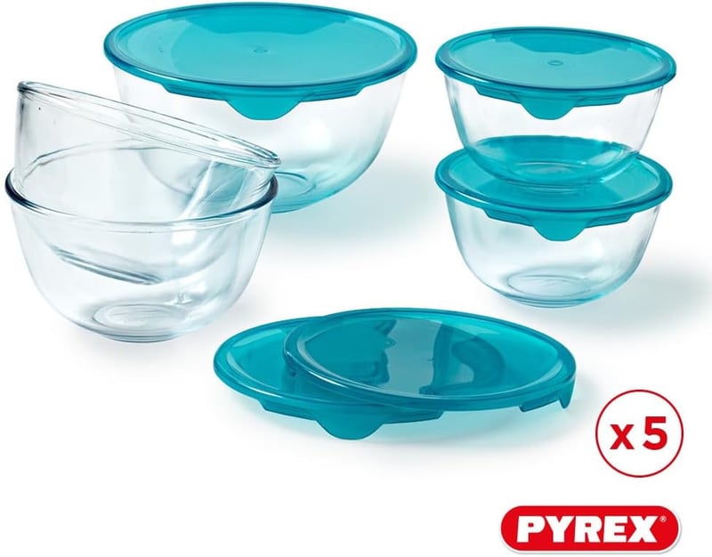 Pyrex 5 részes borosilicate üvegtál szett fedőkkel, mosogatógép és mikró biztos