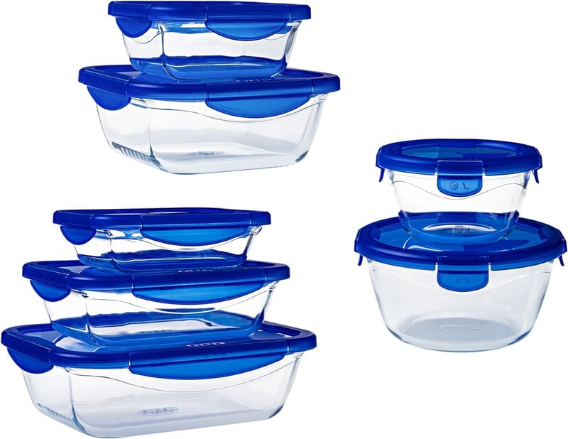 7-dielna súprava sklenených dóz na potraviny Pyrex Cook & Go so vzduchotesným vekom – vhodné do rúry, mikrovlnky a umývačky riadu, rôzne veľkosti