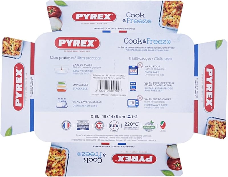 Pyrex Üveg Téglalapú Ételtartó Fedővel 0,8L Átlátszó