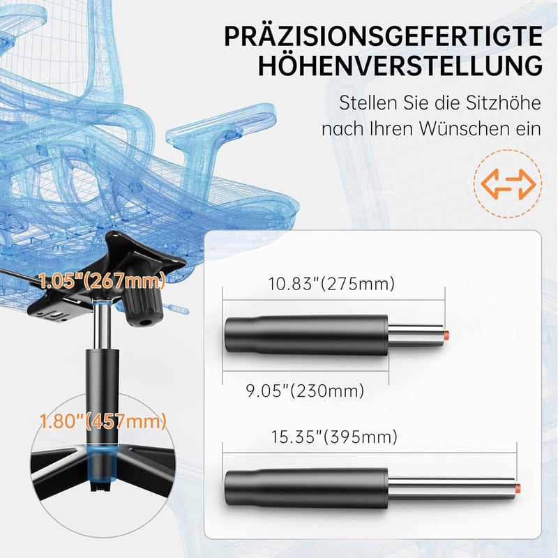PZDO Gázrugó Irodai Székhez 450kg, 275-395mm Hosszúság, Fekete Magasságállító Pneumatikus Dugattyú, Minőségi Hidraulikus Szék Alkatrész