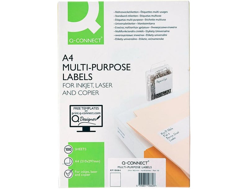 Q-Connect samolepiace univerzálne etikety 210x297 mm A4 biele tlačiteľné štítky 100 listov adresné nálepky pre laserovú tlačiareň