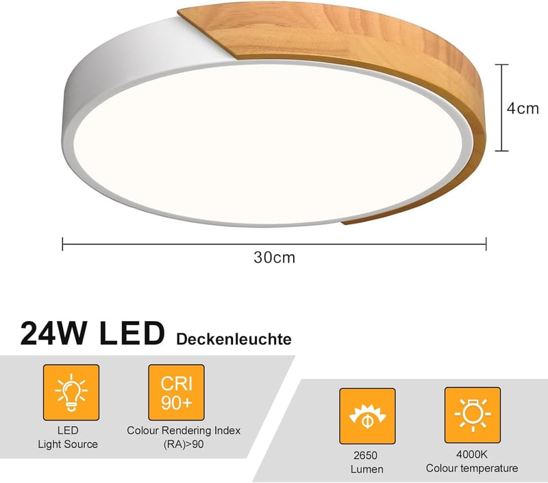 Qamra LED mennyezeti lámpa 30 cm fehér modern fa design nappali hálószoba konyha - 30 cm, White