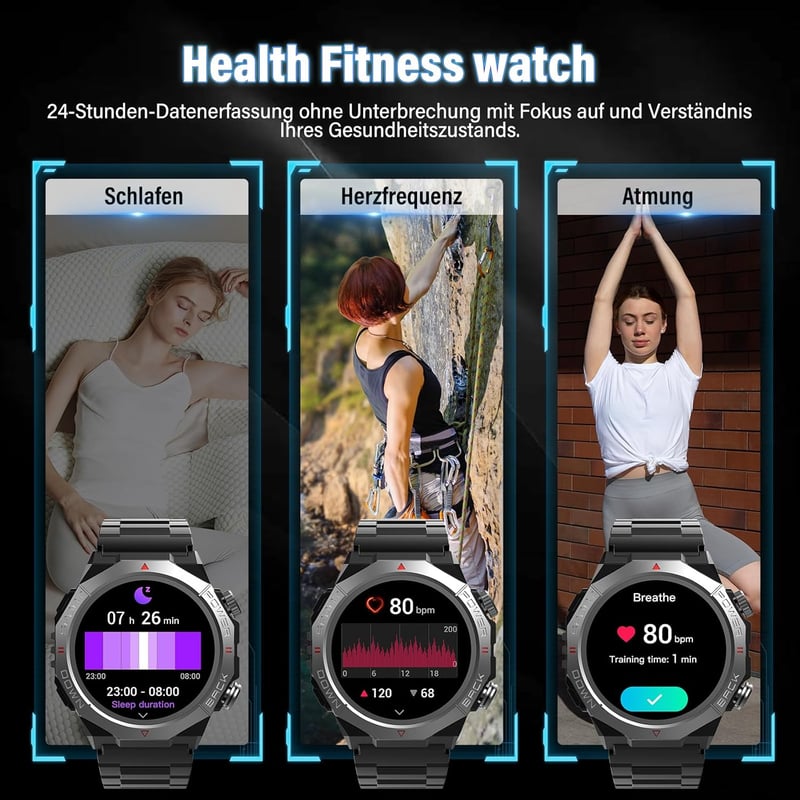 Qecnato Katonai Okosóra 1.39" HD Kijelző Fitness Sportóra 110+ Sportmód IP68 Vízálló 30 Nap Akkumulátor