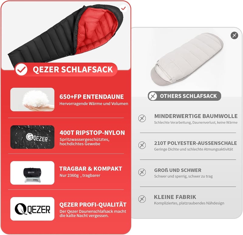 QEZER 650-es lúddaun téli hálózsák -30°C-ig, kempingezéshez és hegymászáshoz
