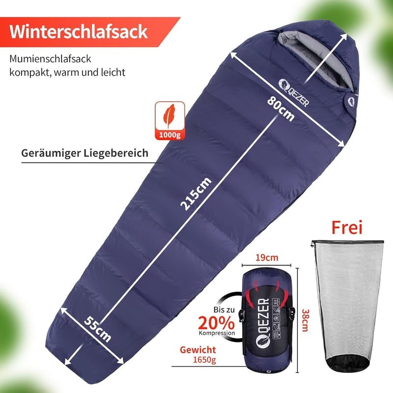 QEZER Könnyű pehely hálózsák télre 0°C és -23°C között, sötétkék, 4 évszak, felnőtteknek és gyerekeknek, kempinghez és beltérre