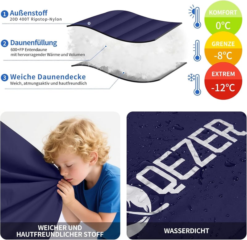 QEZER Könnyű pehely hálózsák télre 0°C és -23°C között, sötétkék, 4 évszak, felnőtteknek és gyerekeknek, kempinghez és beltérre