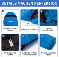 QEZER Ultraleicht Daunenschlafsack 600FP+ Winter Camping Wandern Outdoor - Blue 16°C 7