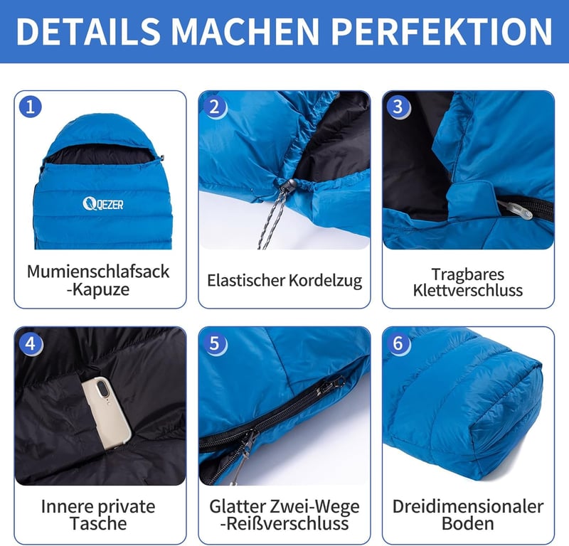 QEZER Ultraleicht Daunenschlafsack 600FP+ Winter Camping Wandern Outdoor - Blue 16°C