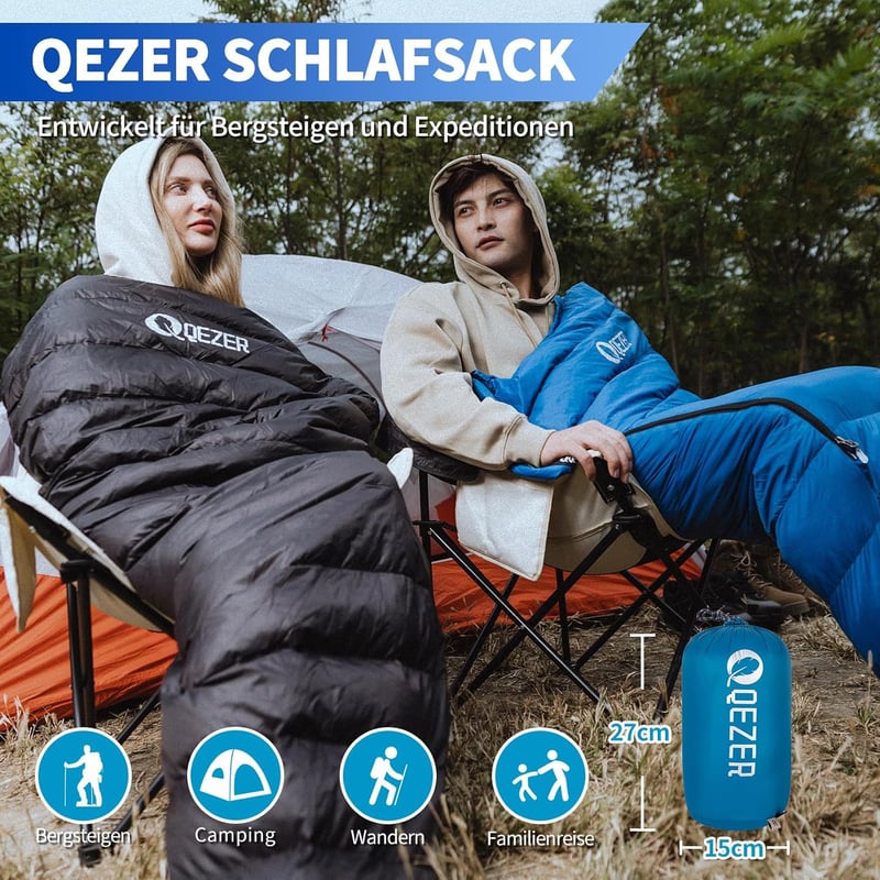 QEZER Ultraleicht Daunenschlafsack 600FP+ Winter Camping Wandern Outdoor - Blue 16°C