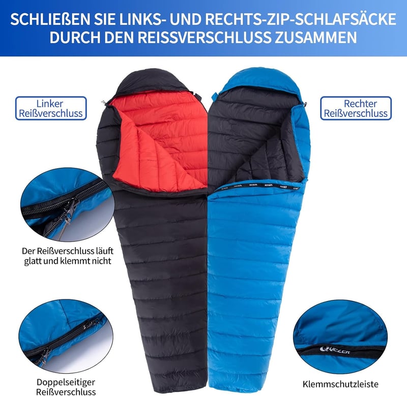 QEZER Ultraleicht Daunenschlafsack 600FP+ Winter Camping Wandern Outdoor - Blue 16°C
