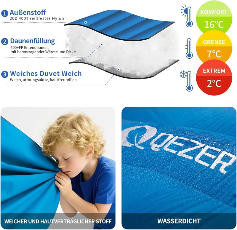 QEZER Ultraleicht Daunenschlafsack 600FP+ Winter Camping Wandern Outdoor - Blue 16°C