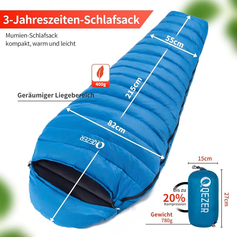 QEZER Ultraleicht Daunenschlafsack 600FP+ Winter Camping Wandern Outdoor - Blue 16°C