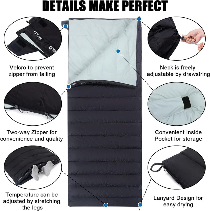QEZER Ultralight Pehelydzseki Hálózsák Kompakt Camping Trekking 3-4 Évszak