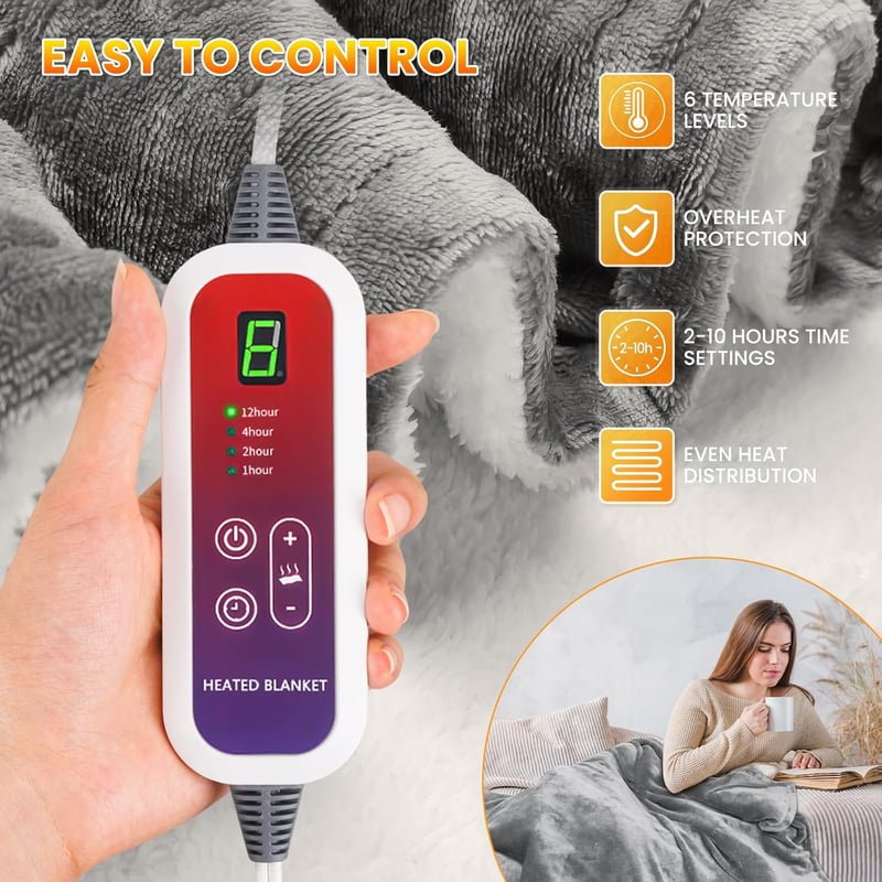 Qfun Elektromos Takaró Automatikus Kikapcsolással 180x100 cm, 6 Hőfokozat, 4 Időzítő, Mosható Fűtött Plüss Takaró