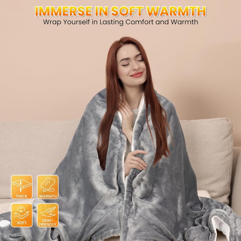 Qfun Elektromos Takaró Automatikus Kikapcsolással 180x100 cm, 6 Hőfokozat, 4 Időzítő, Mosható Fűtött Plüss Takaró