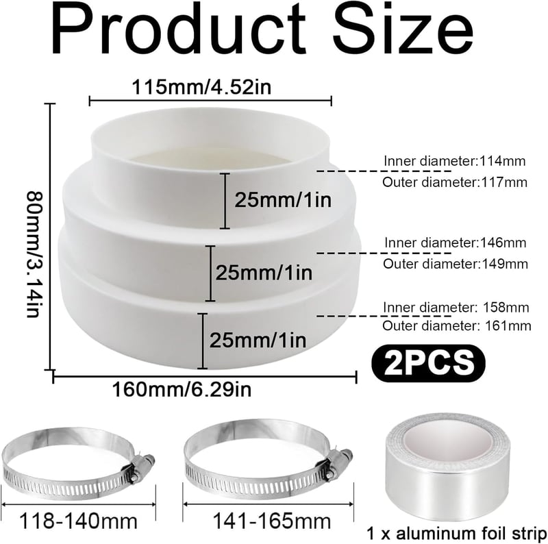 QGGTQG Szellőzőcsatorna Csökkentő 120-150-160mm ABS Légcsatorna Adapter 2db Bilincs