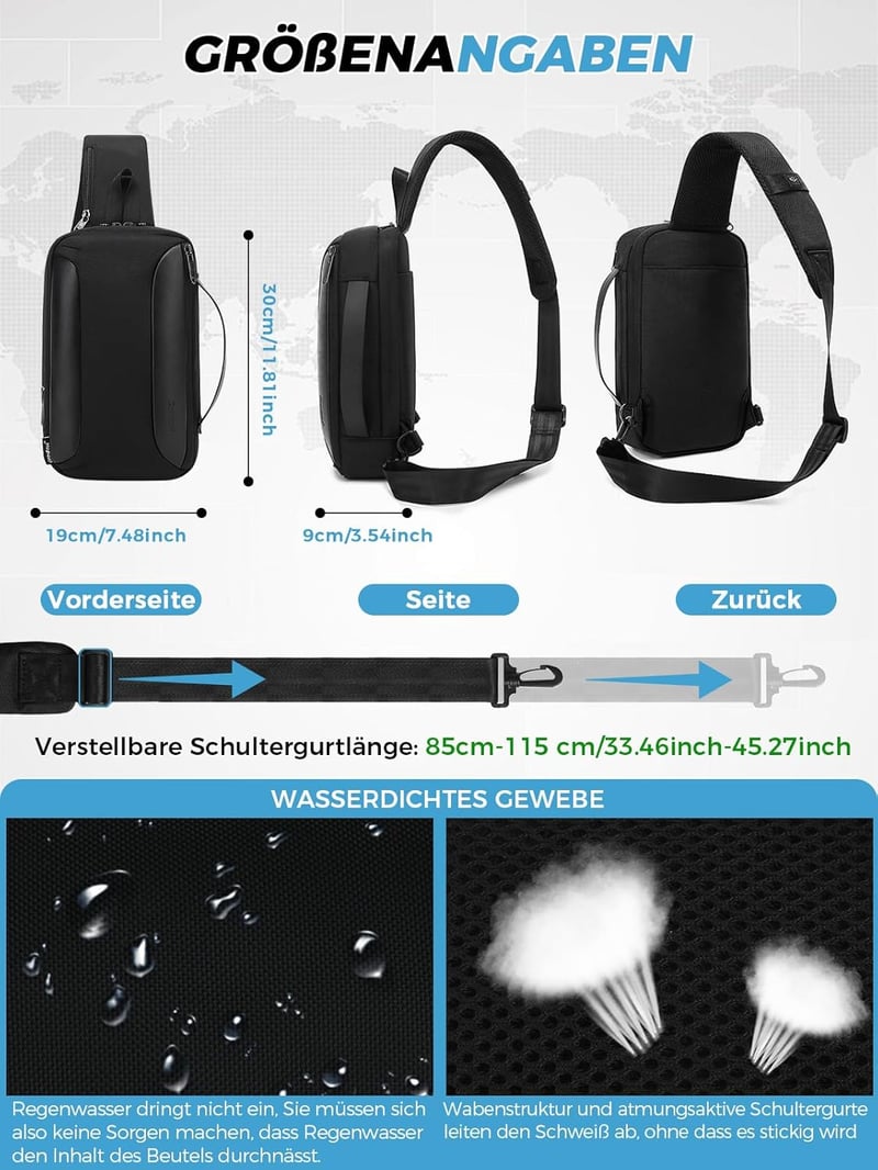 Qianyou vízálló mellcsomag USB töltőporttal, iPad rekesszel, fekete