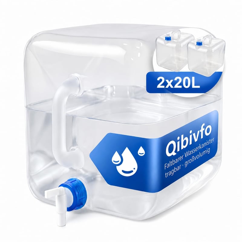 Canistră de apă pliabilă Qibivfo 2x20L cu robinet și mâner, recipient pentru apă potabilă fără BPA pentru camping, drumeții și situații de urgență