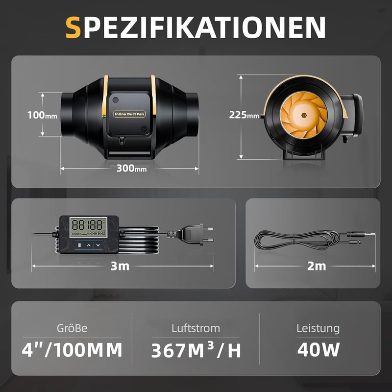 QiCrafe 100mm Intelligens Csatornaventilátor Távirányítóval, Hőmérséklet és Páratartalom Szabályozás