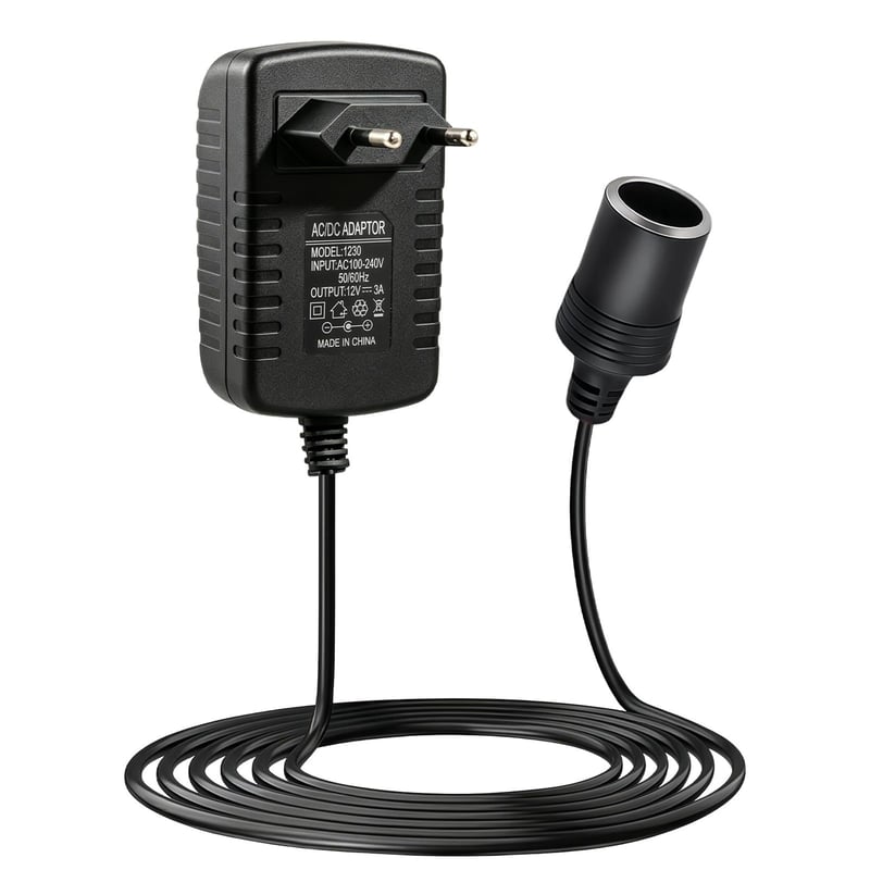 Qilomor 36W sieťový adaptér do autozapaľovača, AC 220V/230V - DC 12V 3A transformátor pre auto ventilátor, vysávač, zvlhčovač a kompresor, čierny