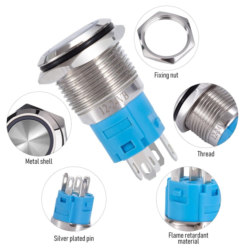 QIMEI-SHOP 16mm vízálló nyomógomb kapcsoló LED 12-24V 3A kék gyűrűvel 5db