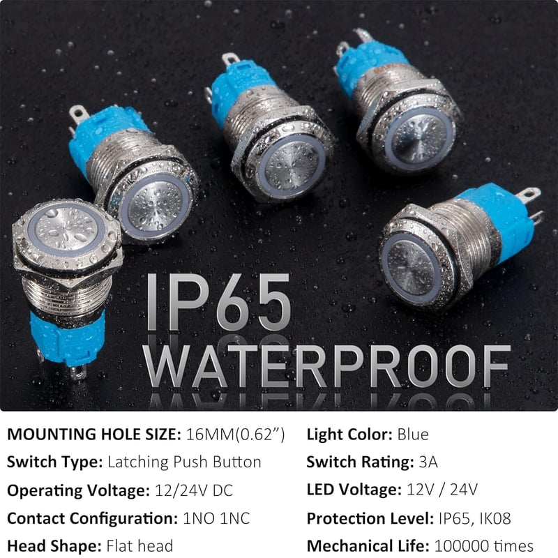 QIMEI-SHOP 16mm vízálló nyomógomb kapcsoló LED 12-24V 3A kék gyűrűvel 5db