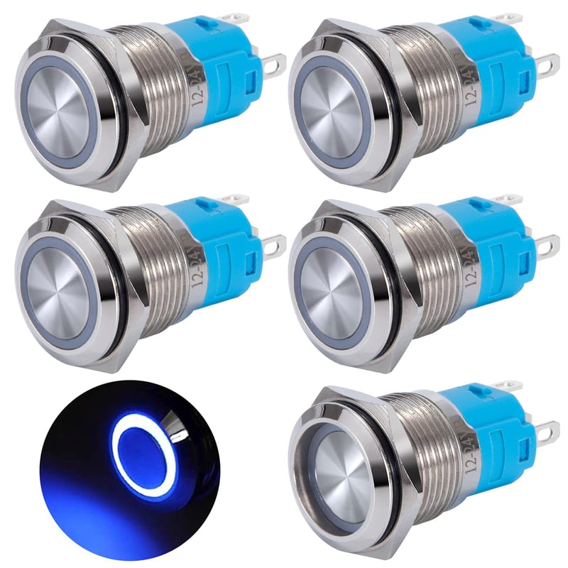 QIMEI-SHOP 16mm vízálló nyomógomb kapcsoló LED 12-24V 3A kék gyűrűvel 5db