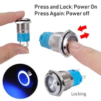 QIMEI-SHOP 16mm vízálló nyomógomb kapcsoló LED 12-24V 3A kék gyűrűvel 5db 3